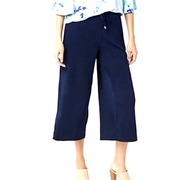 Susan Graver Pants Large 14 16 Wide Leg Everyday Crop Liquid Knit Navy Nautical - Picture 1 of 10